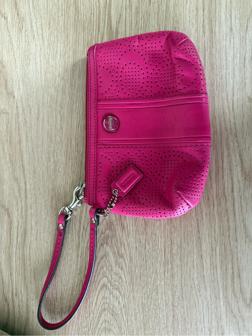 Coach Hot Pink Perforated Leather Wristlet Clutch Silver Hardware